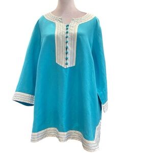 KERRY BROOKE XL aqua blue/white long sleeve linen blend tunic top fabric buttons